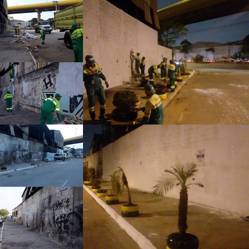 Foto 1: Quatro funcionários da Subprefeitura Ipiranga vestidos com uniformes na cor verde, realizando a limpeza da rua Cipriano Barata; Foto 2: Três funcionários da Subprefeitura Ipiranga vestidos com uniformes na cor verde, pintando uma parede com tinta na cor branca; Foto 3: Rua Cipriano Barata sem entulho; Foto 4: Rua Cipriano Barata sem o entulho, mas ainda com o muro sem pintar; Foto 5: Sete funcionários da Subprefeitura Ipiranga vestidos com uniformes na cor verde, realizando o plantio de mudas de árvores na calçada; Foto 6: Rua Cipriano Barata após a revitalização, já com sete mudas de árvores plantadas e muro pintado na cor branca